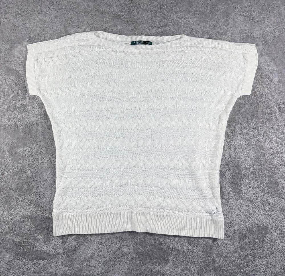 Lauren Ralph Lauren White Cable Knit Short Sleeve Boat Neck Sweater XL
